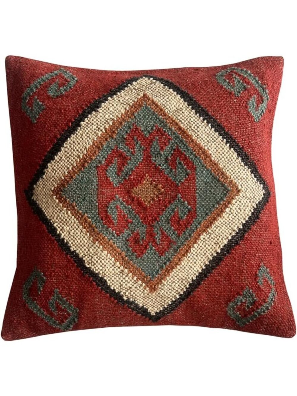 Boho Vintage Kilim Square Pillow Cover 18x18" | Ethnic Handmade Wool & Jute